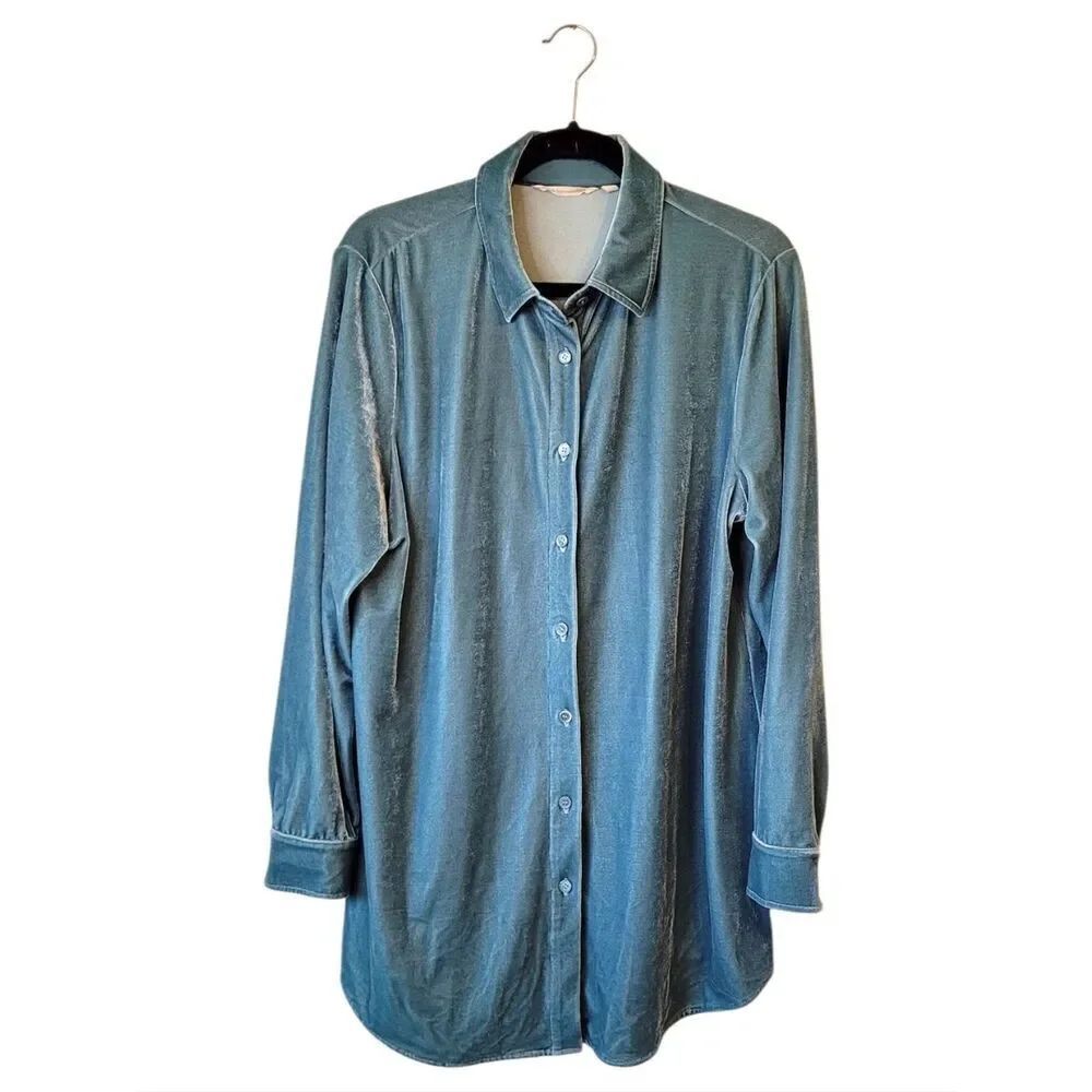 Soft Surroundings Teal Blue Velvet Button-Down Shirt Women's Size M